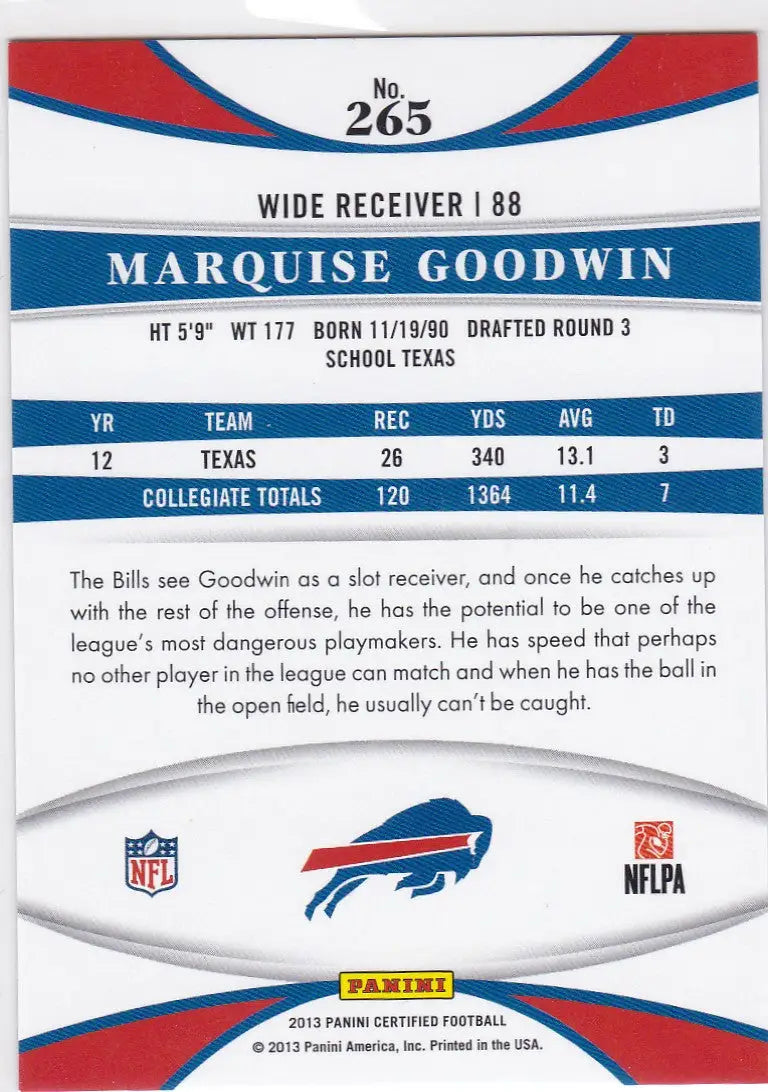 2013 CERTIFIED #265 MARQUISE GOODWIN NEW GENERATION 203/250- BUFFALO BILLS