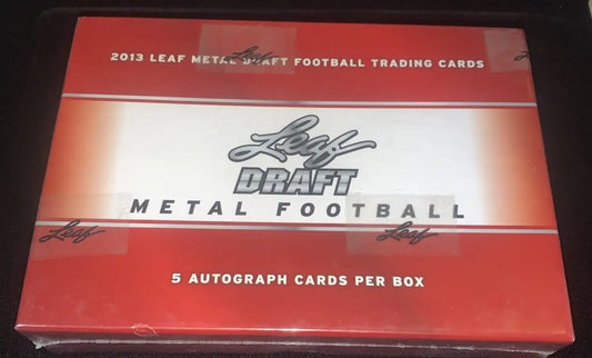 Sealed 2013 Leaf Metal Draft Football trading card box with checklist parallel cards