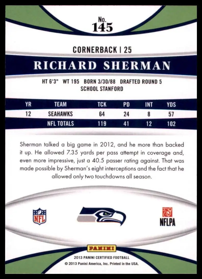 2013 Panini Certified - Richard Sherman #145 - Football Card Single
