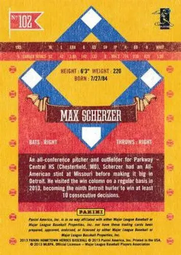 2013 Panini Hometown Heroes #102 Max Scherzer NMMT Tigers - Baseball Card Single