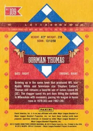 Baseball card back from Panini Hometown Heroes 2013 Gorman Thomas Brewers