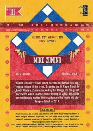 Mike Zunino baseball card back with original gloss in Panini Hometown Heroes collection