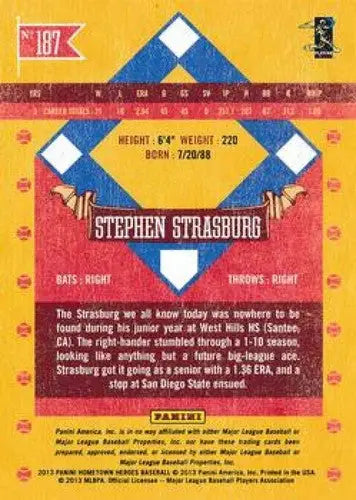 2013 Panini Hometown Heroes #187 Stephen Strasburg NMMT Nationals - Baseball Card Single