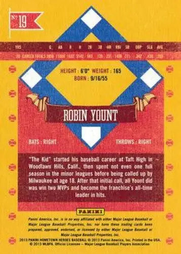 2013 Panini Hometown Heroes #19 Robin Yount NM-MT Brewers ID:5988 ID:5988 - Baseball Card Single