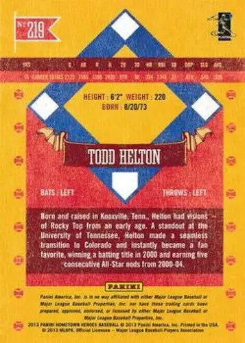 2013 Panini Hometown Heroes #219 Todd Helton NMMT Rockies - Baseball Card Single