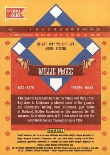 2013 Panini Hometown Heroes #252 Willie McGee NMMT Cardinals ID:6901 ID:6901 - Baseball Card Single