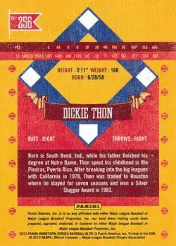 Back of 2013 Panini Hometown Heroes Dickie Thon baseball card showcasing detailed stats