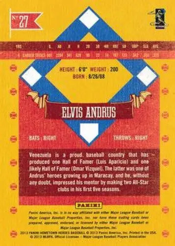 Elvis Andrus baseball card back from Panini Hometown Heroes 2013 with original gloss