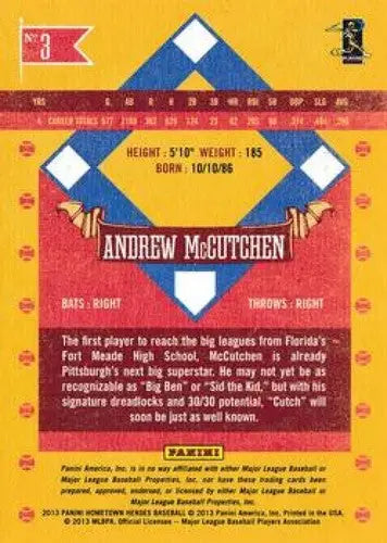 Baseball card back featuring original gloss from Panini Hometown Heroes Pirates card