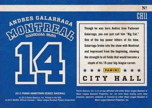2013 Panini Hometown Heroes City Hall Gold #11 Andres Galarraga NM-MT Ex ID:5953 - Baseball Card Single
