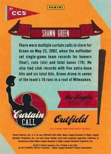 Baseball card back from 2013 Panini Hometown Heroes Curtain Call Shawn Green NM-MT
