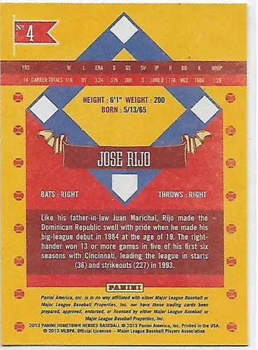 2013 Panini Hometown Heroes State Parallels #4 Jose Rijo NM-MT Reds ID:5 ID:5961 - Baseball Card Single
