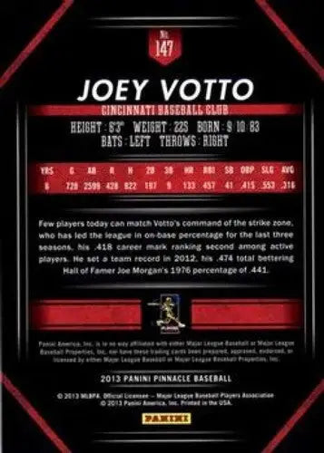 Back of 2013 Panini Pinnacle Joey Votto NMMT baseball card with career stats and bio