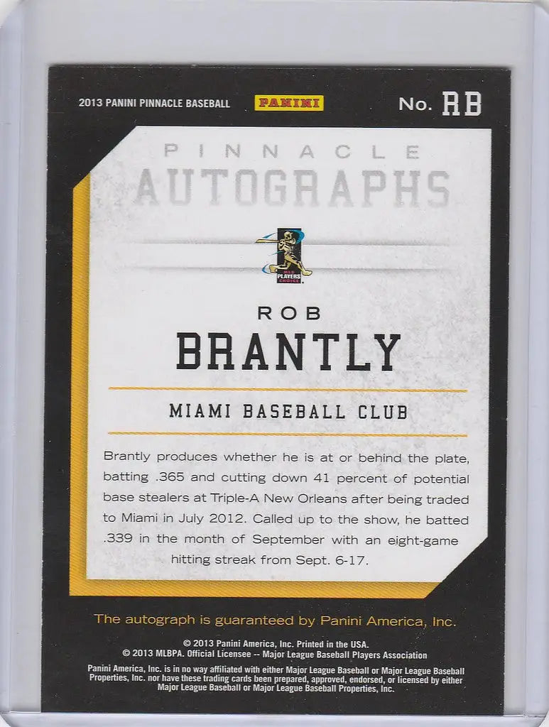 Baseball trading card of Rob Brantly, Miami Marlins, 2013 Panini Pinnacle Auto