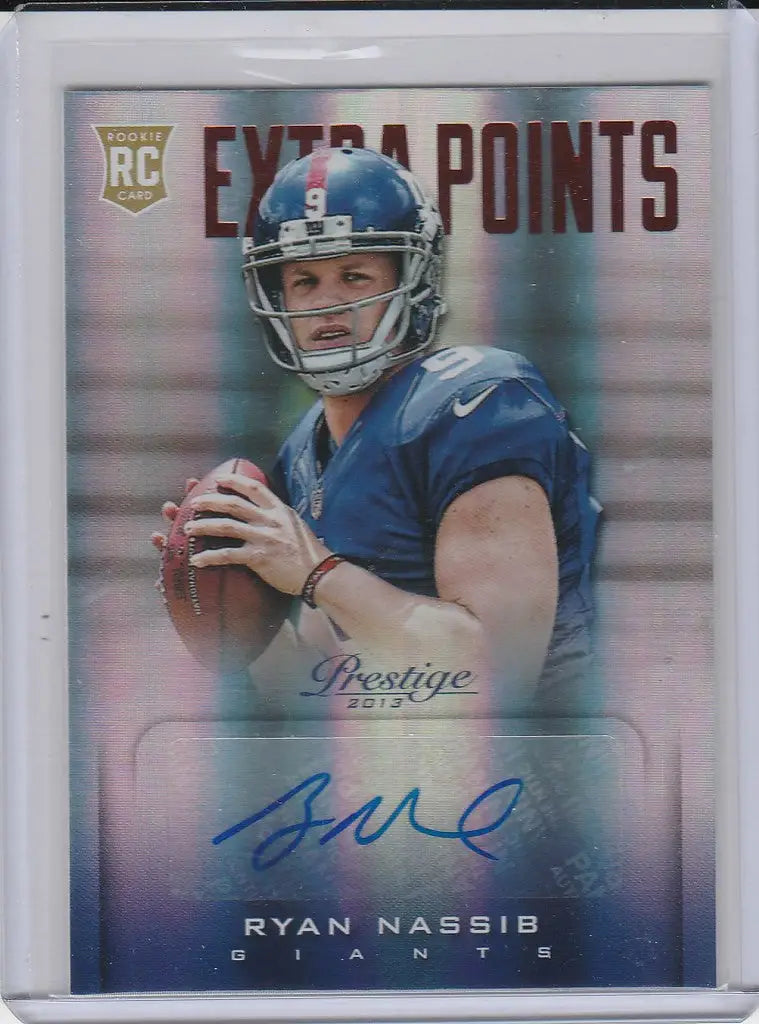 Football trading card of Ryan Nassib in a New York Giants jersey from Panini Prestige Auto