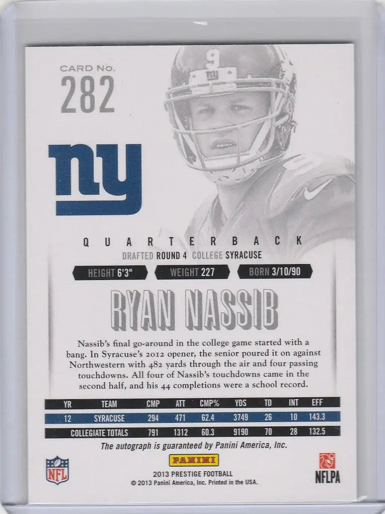 Football trading card of Ryan Nassib, New York Giants, 2013 Panini Prestige Auto