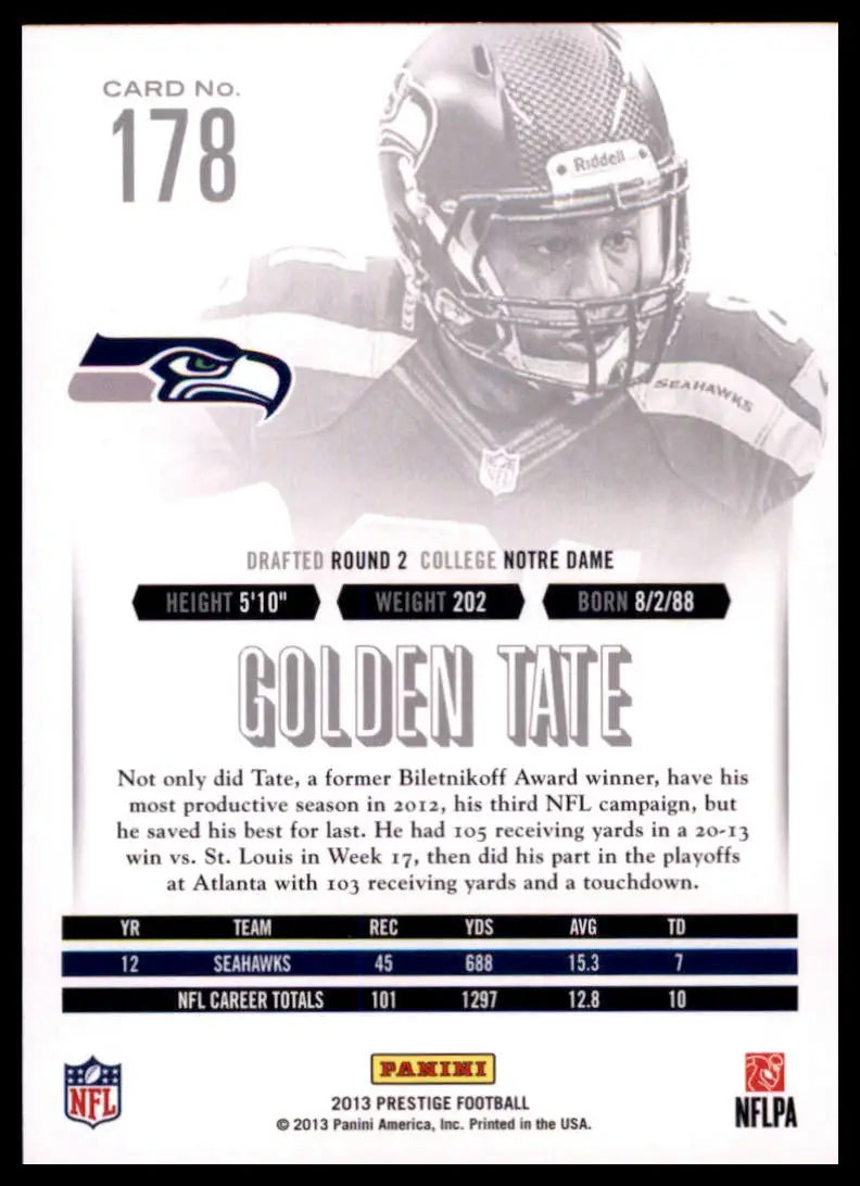 2013 Panini Prestige Golden Tate 178 Seattle Seahawks NM - Football Card Single