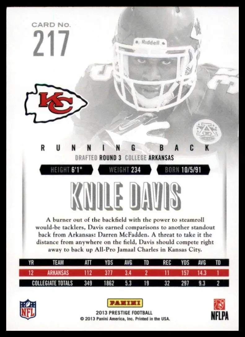 2013 Panini Prestige Rookie Knile Davis #217 Kansas City Chiefs Football Card - Football Card Single