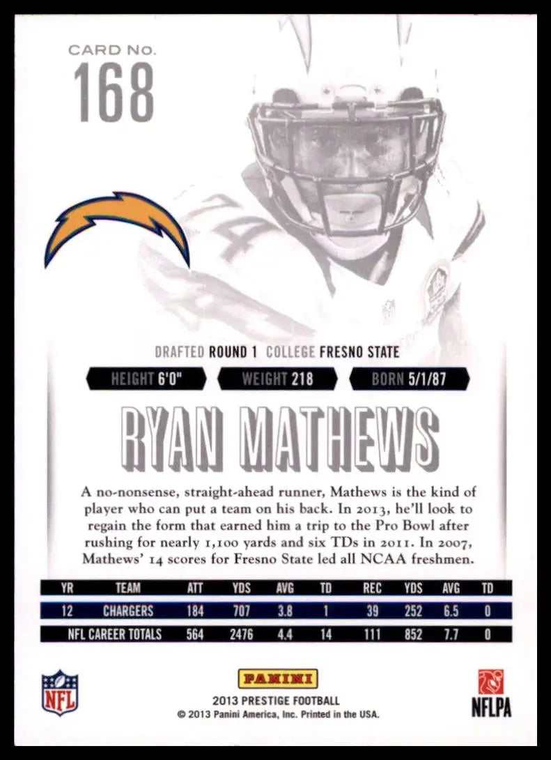 2013 Panini Prestige Ryan Mathews 168 San Diego Chargers NM - Football Card Single