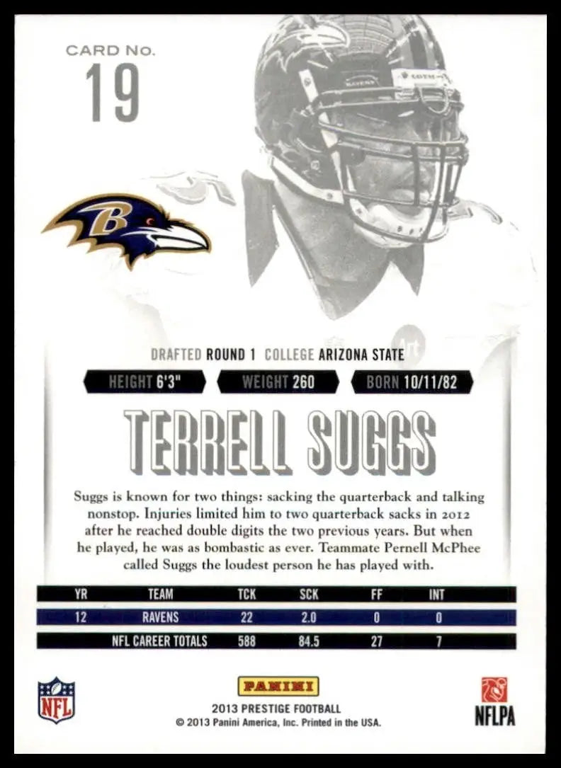 2013 Panini Prestige Terrell Suggs #19 Baltimore Ravens Football Card NFL Sports - Football Card Single