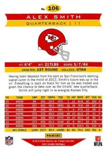 2013 Panini Score Alex Smith football card with original gloss and Chiefs team focus