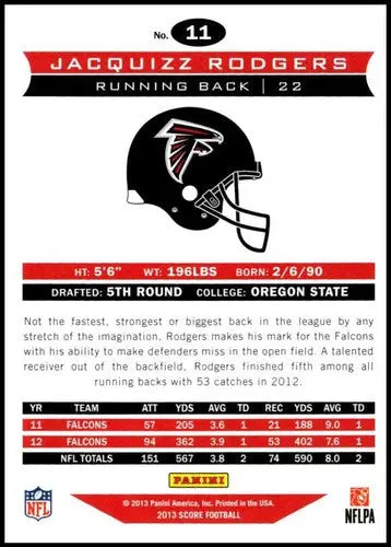 Original gloss Panini Score Jacquizz Rodgers 2013 football card in NM-MT condition