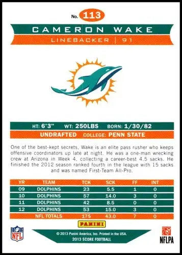 Collectible Panini Score Cameron Wake football card with original gloss from 2013 Dolphins