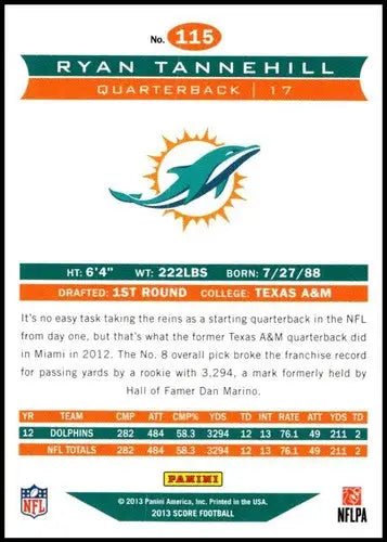 Back of a Ryan Tannehill Panini Score football card with original gloss from 2013 Dolphins