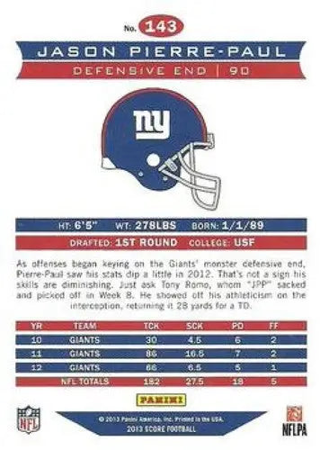 Back of a Jason Pierre-Paul 2013 Panini Score football trading card NM-MT