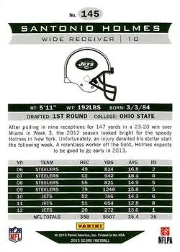 Back of a Panini Score Santonio Holmes football trading card with original gloss