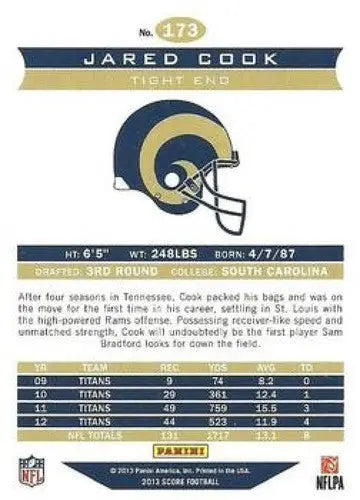 Jared Cook football card showing Panini Score original gloss from 2013 Panini Score #173