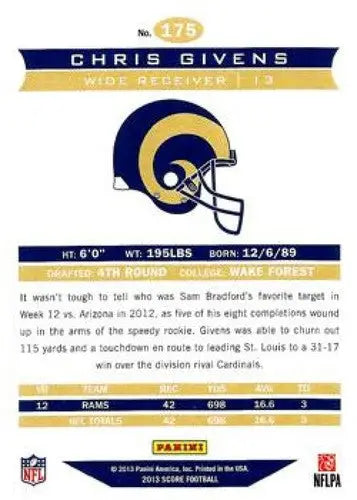 Back of a Chris Givens 2013 Panini Score football trading card with original gloss