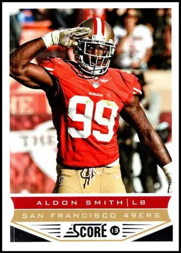Original gloss Panini Score Aldon Smith football trading card featuring 49ers player