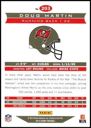 2013 Panini Score Doug Martin rookie football card with stats and Buccaneers helmet