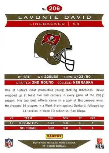 Original gloss Panini Score Lavonte David football trading card from 2013 Buccaneers