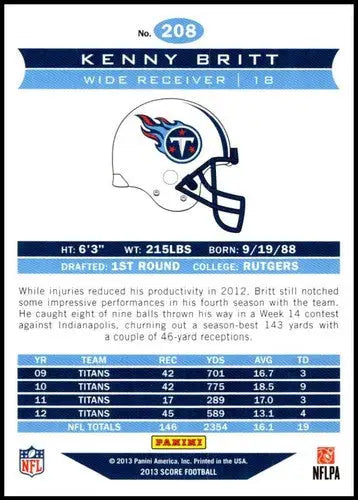 2013 Panini Score Kenny Britt football trading card with original gloss and Titans logo