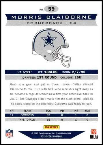 2013 Panini Score Morris Claiborne football trading card with original gloss and NM-MT condition