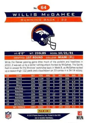 2013 Panini Score Willis McGahee football trading card with career stats and Broncos helmet