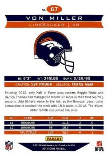 Original gloss Panini Score Von Miller Denver Broncos football card 2013 NM-MT