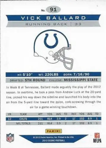 Original gloss Vick Ballard football card from Panini Score 2013 Colts product