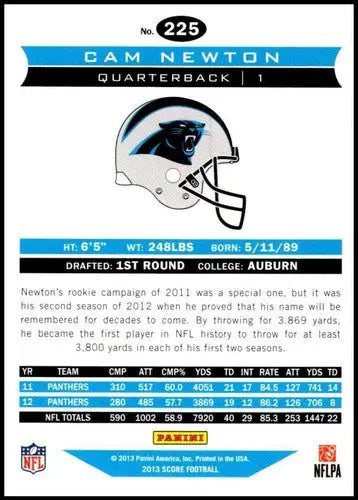 Back of a Cam Newton 2013 Panini Score Air Mail football card with original gloss