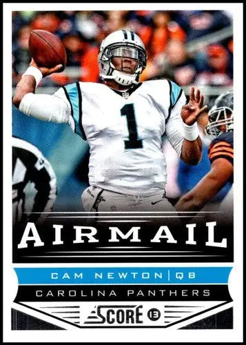 Original gloss football trading card of Cam Newton in Panthers uniform from Panini Score Air Mail