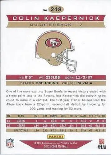 Back of a Colin Kaepernick Panini Score Air Mail trading card with original gloss