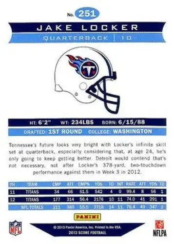 2013 Panini Score Air Mail Jake Locker football trading card for Tennessee Titans