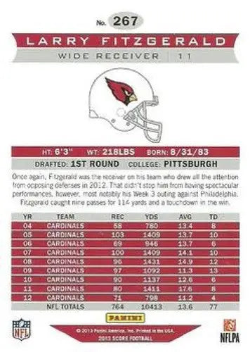 2013 Panini Score Franchise Larry Fitzgerald football card with stats and Arizona Cardinals helmet