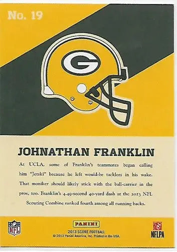 Green Bay Packers football card from Panini Score Hot Rookies series featuring Johnathan Franklin