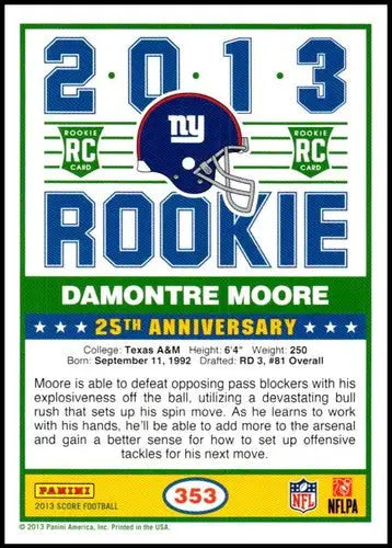 Original gloss Panini Score rookie Damontre Moore 2013 football card near mint NM