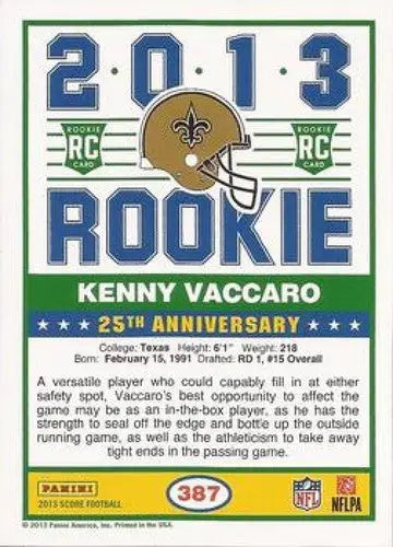 Original gloss Panini Score Rookie 2013 Kenny Vaccaro football card Saints NM-MT