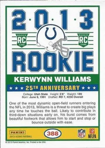 Original gloss Panini Score Rookie Kerwynn Williams 2013 football card commemorating 25th Anniversary