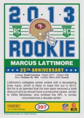2013 Panini Score Rookie #397 Marcus Lattimore NM-MT RC Rookie 49ers ID:4746 - Football Card Single